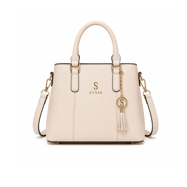 Syvia Women's Ivory Leather-Look Tote Handbag with Shoulder Strap