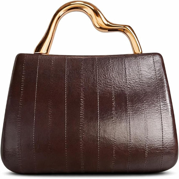 Syvia Women’s Dark Brown Quilted Clutch Handbag with Gold-Tone Metal Handle