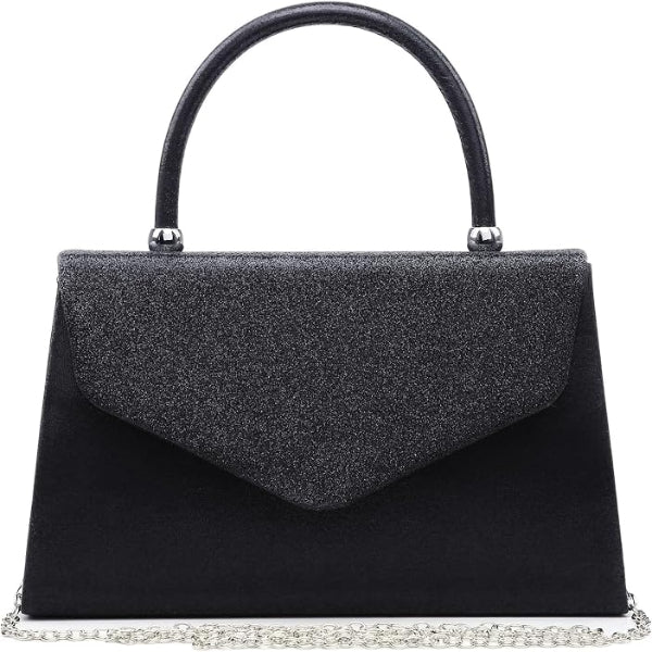Syvia Women’s Black Glitter Evening Handbag with Chain Strap