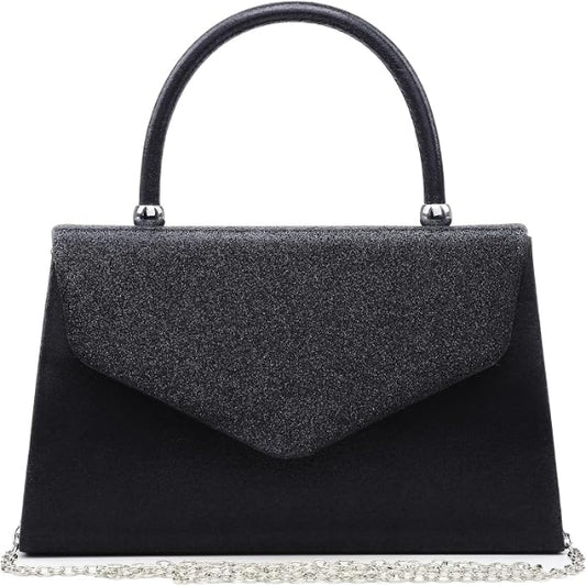Syvia Women’s Black Glitter Evening Handbag with Chain Strap
