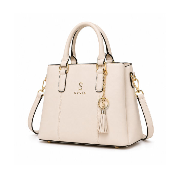 Syvia Women's Ivory Leather-Look Tote Handbag with Shoulder Strap