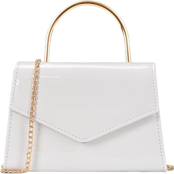 Syvia Women’s White Patent-Look Evening Handbag with Gold-Tone Handle and Chain Strap